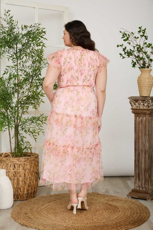 Plus Floral Tulle Pattern Smocked Midi Dress