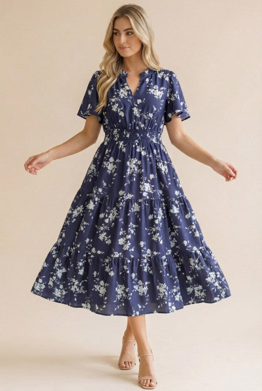 Plus Frilled Notch Neck Smocked Waist Floral Dress