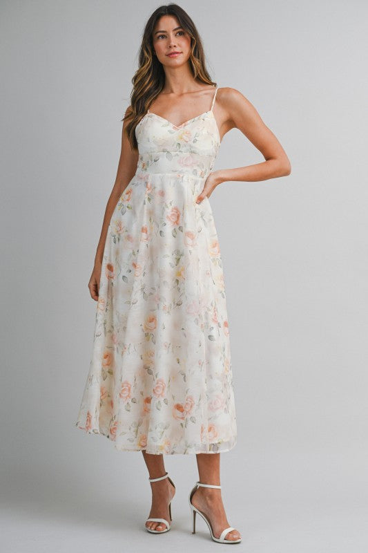 Floral Print Spaghetti Adjustable Strap Midi Dress