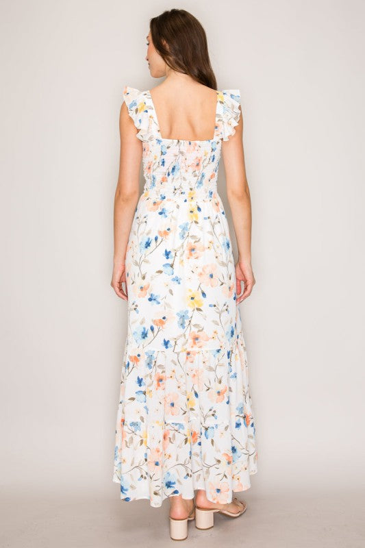 Smocked Print Maxi Dress