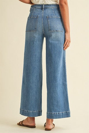 Stretch High Rise Pin Tuck Detail Wide Leg Jean