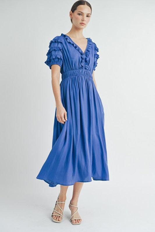 Ruffled V-neck Midi Dress With Elastic Waist