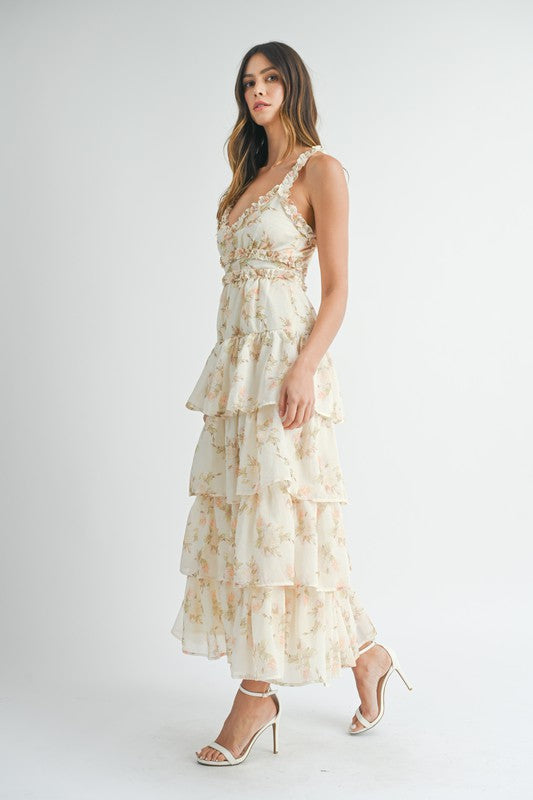 FLORAL RUFFLE DETAIL TIERED MAXI DRESS WITH SLIT