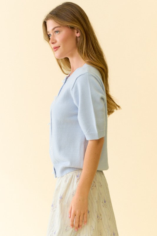 Pearl Bow Button Short Sleeve Cardigan