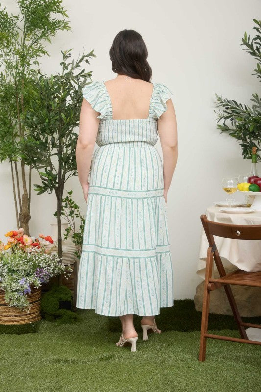 Plus Stripe Floral Smocked Tiered Midi Dress