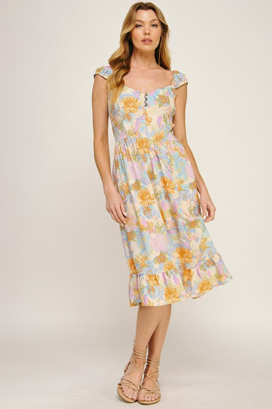 Airy Charm Printed Midi Dress With Elastic Sleeves