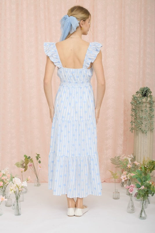 Stripe Floral Flounce Strap Tiered Midi Dress