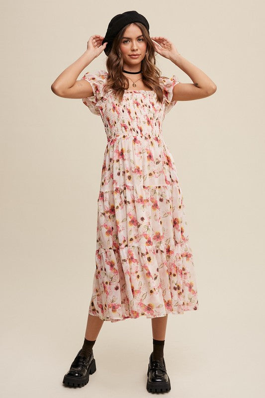 Floral Print Smocked Puff Sleeve Darling Dress