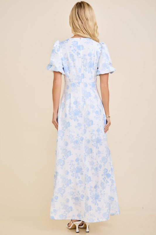 Floral Toile Print Bubble Sleeve Maxi Dress