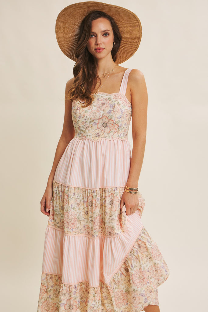Dreamy Ideal Florals And Stripes Tiered Midi Dress