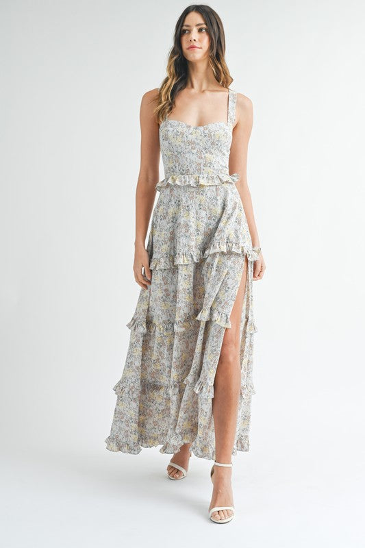 FLORAL PRINT BUSTIER RUFFLE TIERED MAXI DRESS