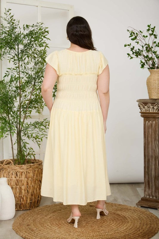 Plus Shirred Bodice Ruffle Sleeve Midi Dress