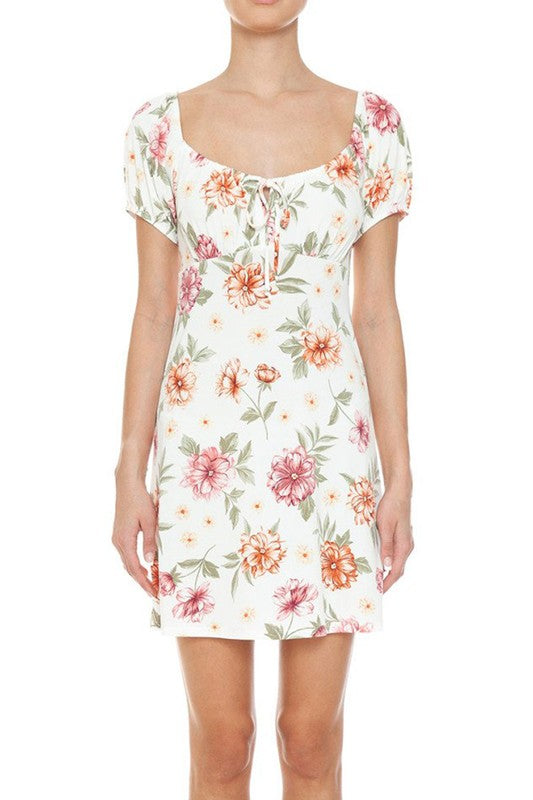 Floral Print Short Puff Sleeve Mini Dress Tie Front