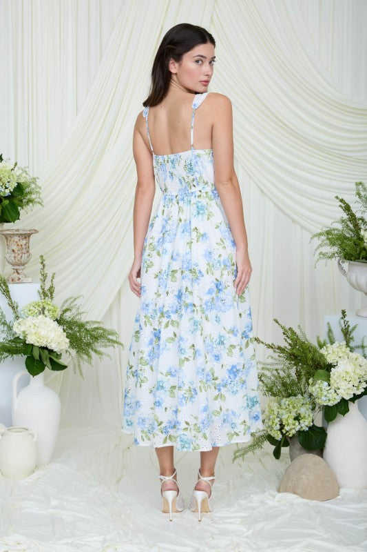 Floral Eyelet Pattern Scallop Lace Trim Midi Dress