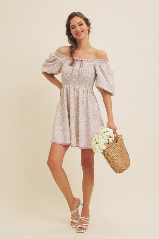 Romantic Ditsy Smocked Mini Dress With Bubble Slvs