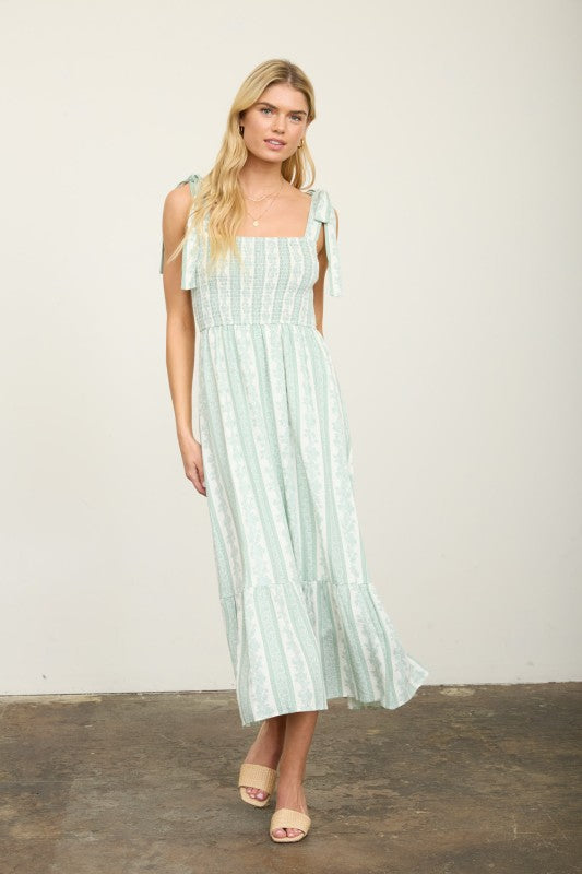 Stripe Floral Smocked Tie Strap Detail Midi Dress
