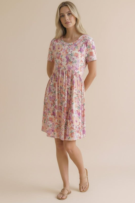 Round Neck Short Sleeve Babydoll Floral Dress