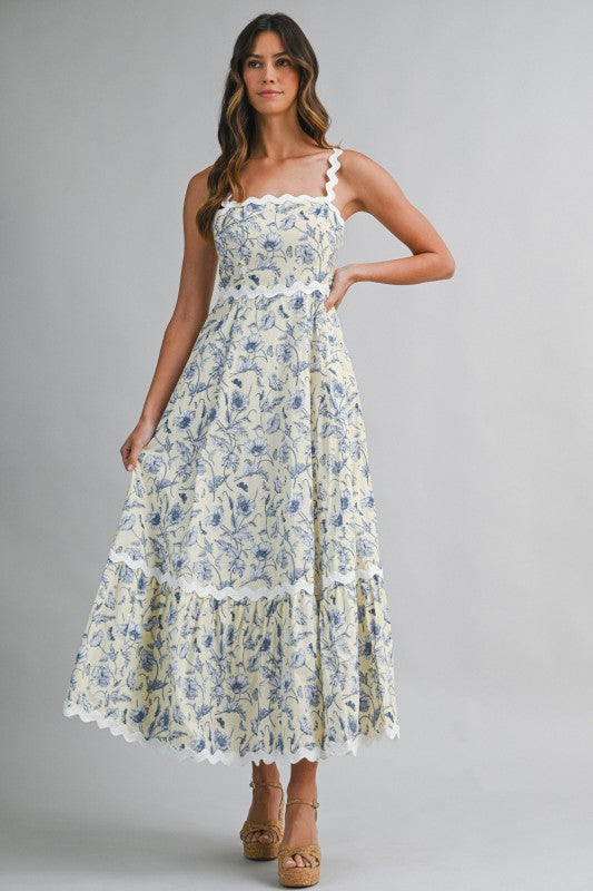 Floral Printed Ric-rac Trim Smocked Back Midi Dress