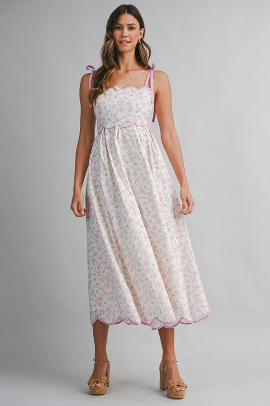 Floral Print Scallop Hem Contrast Self Tie Strap Midi Dress