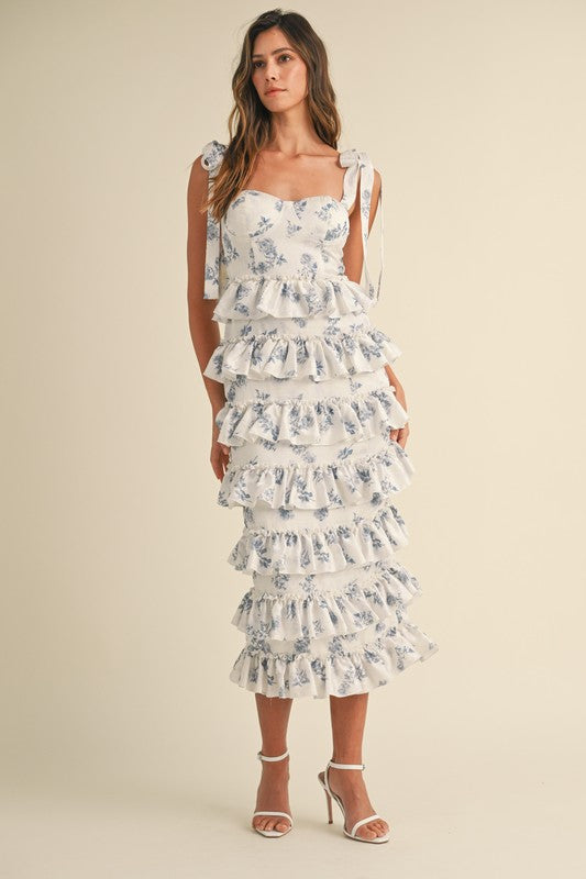 FLORAL PRINT RUFFLE TIERED BUSTIER MIDI DRESS