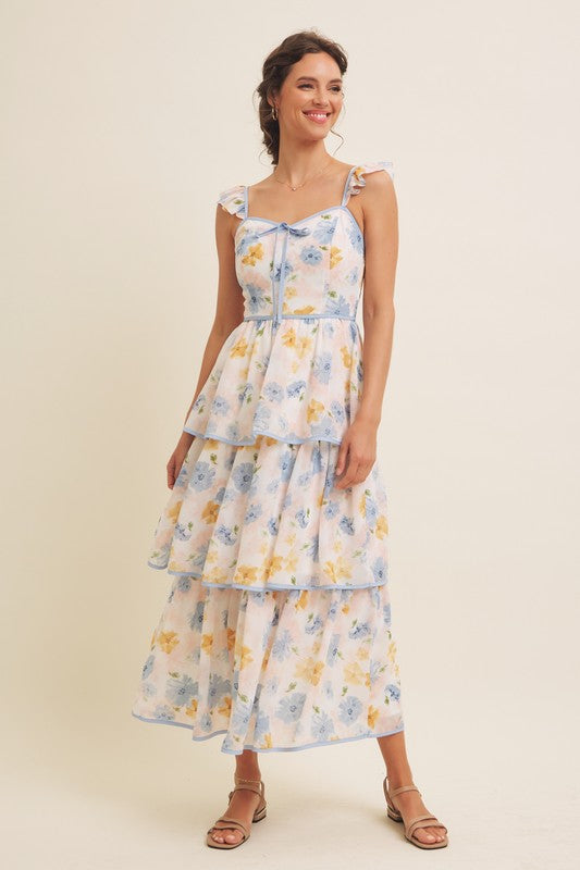 Floral Midi Dress With Ruffled Straps
