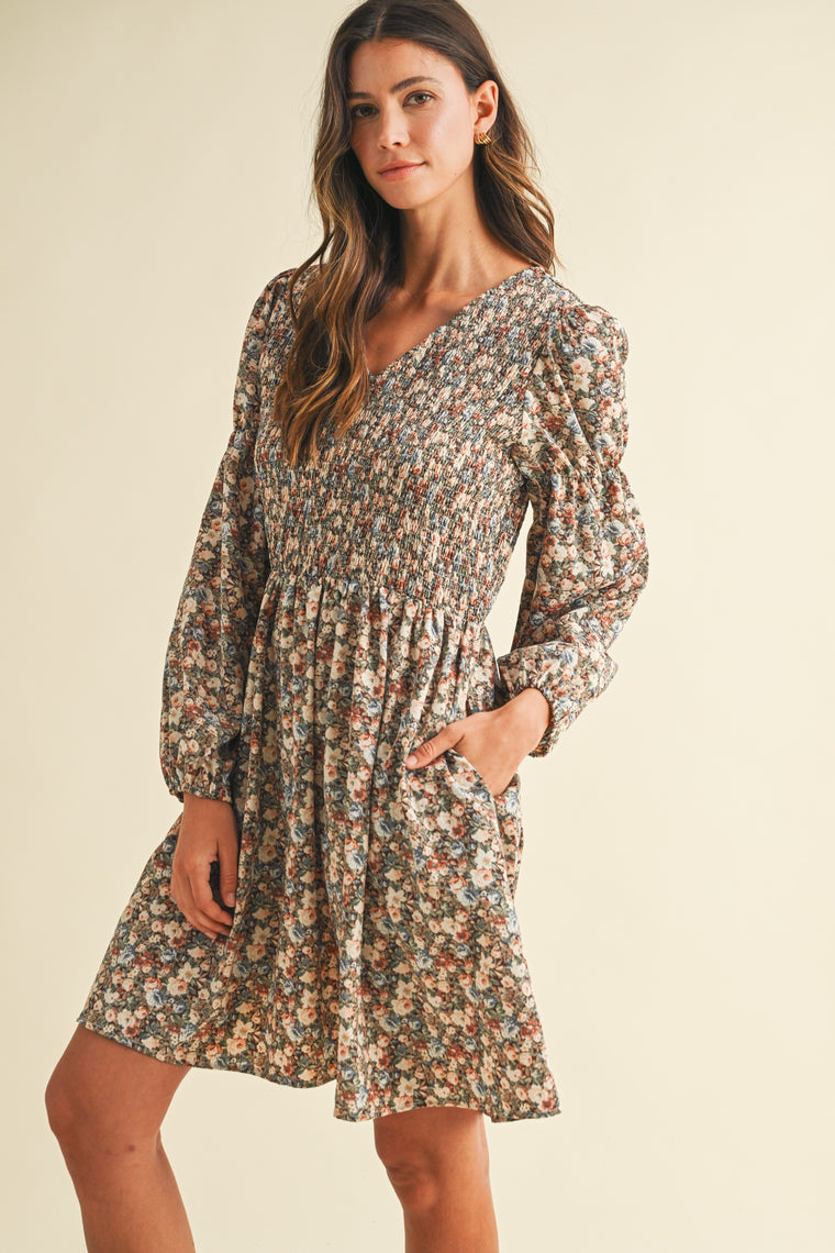 Vintage Flower Print Smocking Detail Mini Dress