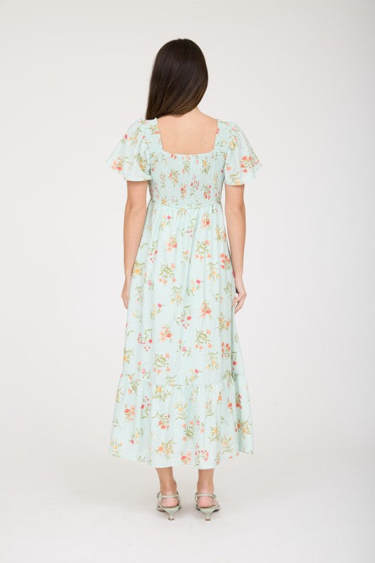 Floral Bell Sleeve Smocked Bust Midi Dress
