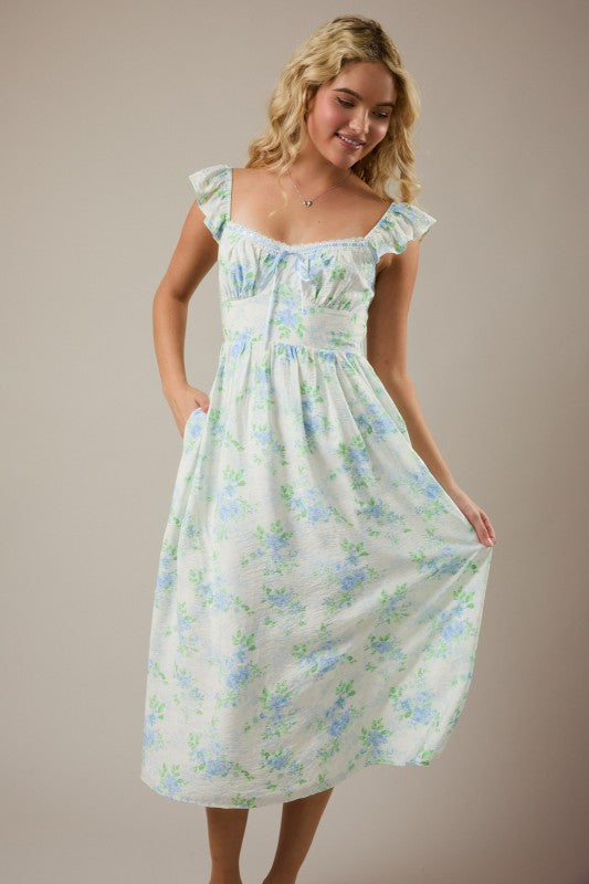 Short Flutter Sleeve Midi Dress With Floral Print