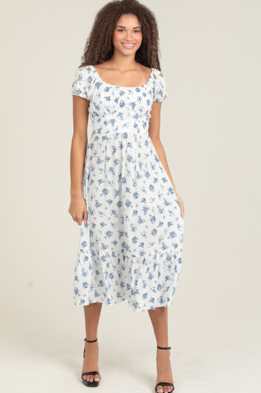 White And Blue Floral Short Sleeve Midi Dress