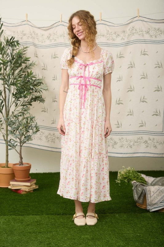 Floral Tile Print Contrast Tie Detail Midi Dress