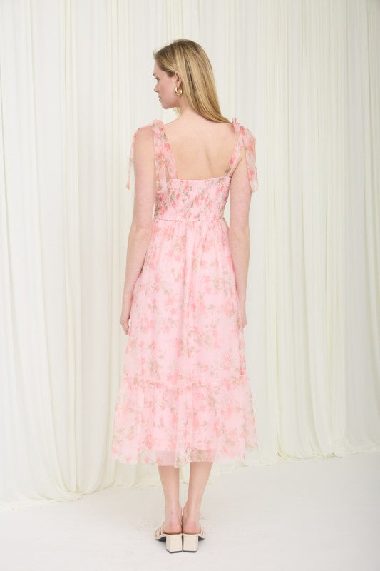 Floral Shirred Bodice Sleeveless Midi Dress