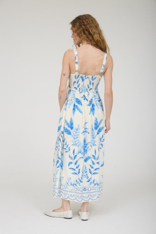 Leaf Print Scallop Detail Sleeveless Midi Dress
