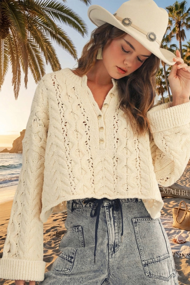 Soft Twisted Ribbed Half Buttons Down Sweater