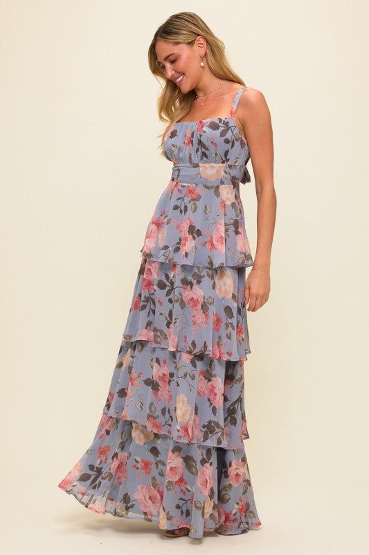Floral Multi-layered Tie Back Maxi Dress