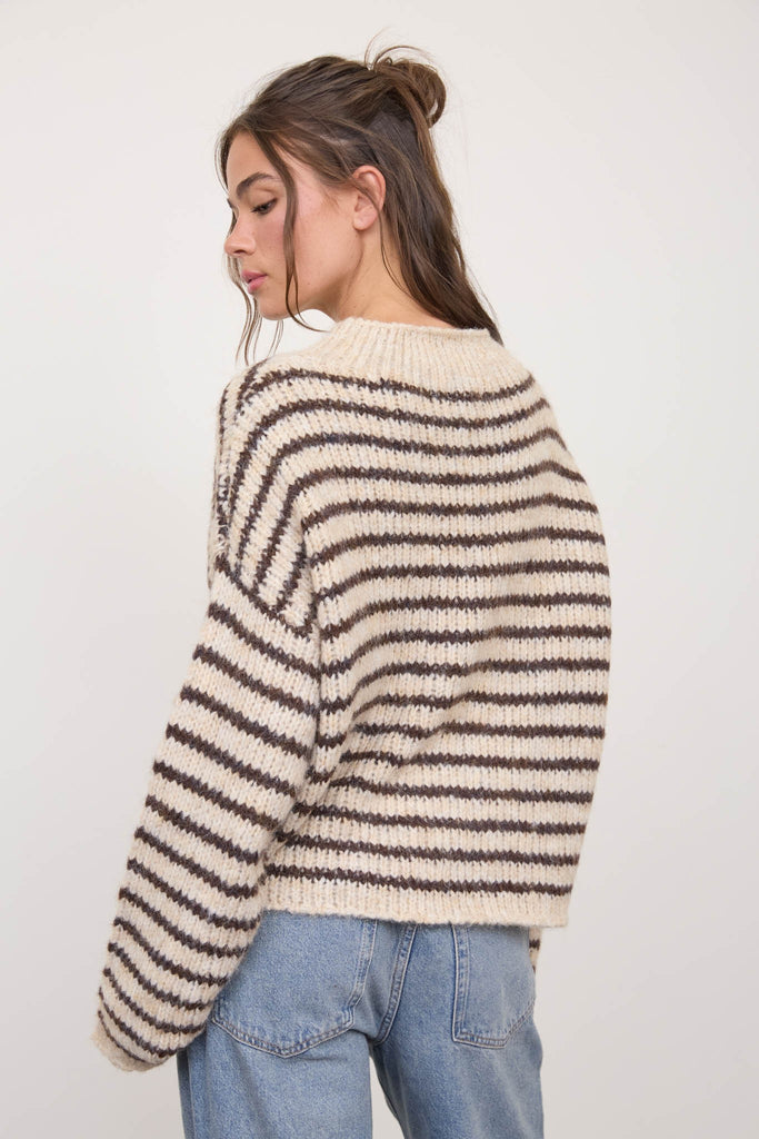 Stripe Rolled Edge Detail Long Sleeve Knit Sweater