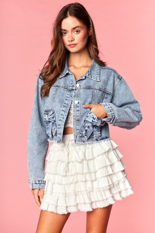 Denim Bow Pocket Cropped Jacket