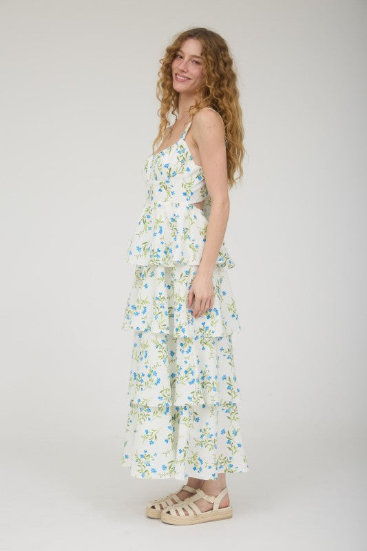 Floral Ruffle Tiered Back Tie Midi Dress