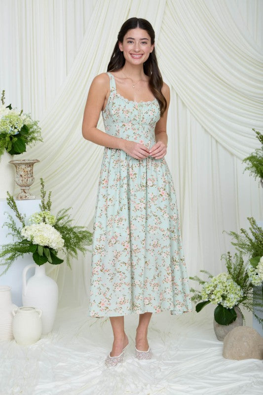 Floral Lace Trim Corset Sleeveless Midi Dress