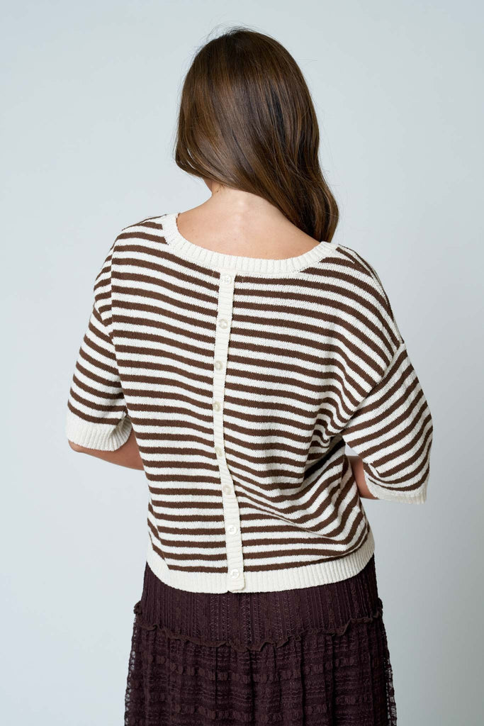 Stripe Contrast Trim Short Sleeve Knit Sweater