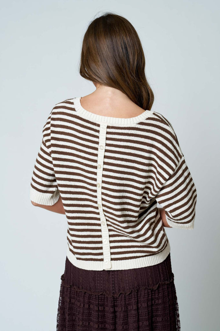 Stripe Contrast Trim Short Sleeve Knit Sweater