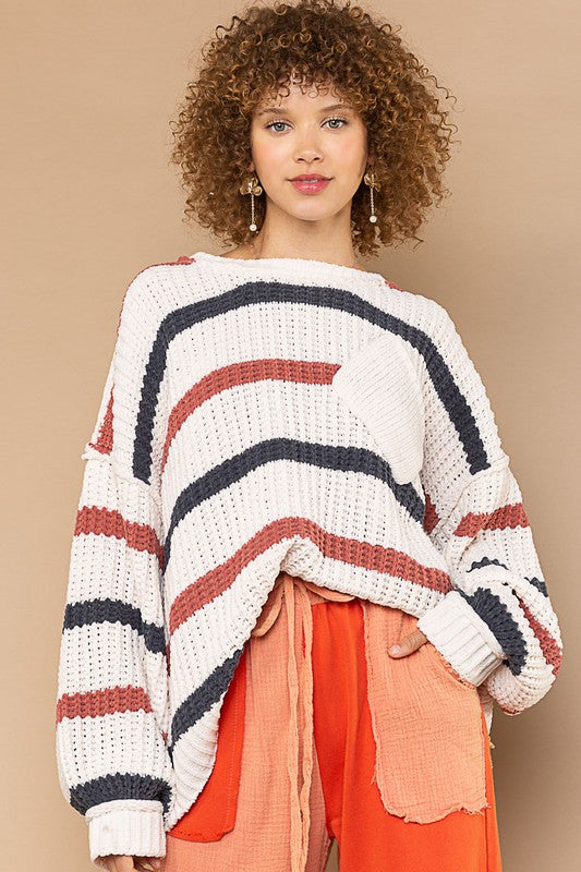 Contrast stripe pattern chenille pullover sweater