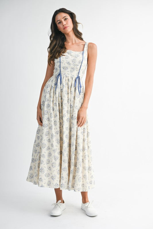 Floral Print Square Neck Contrast Pipinig Dress