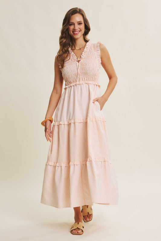 Uplifting Mixed Stripe Smocked Midi Dress