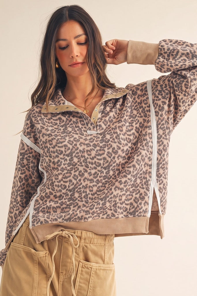 Leopard Untamed Signature Button Collar Pullover