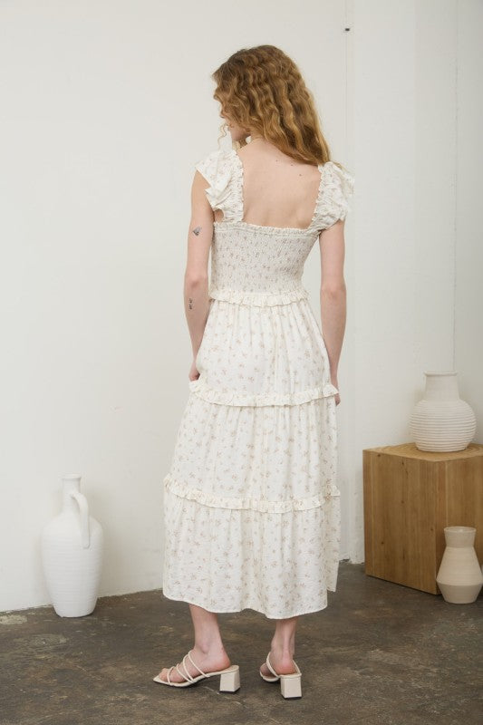 Ditsy Floral Front Bow Smocked Tiered Midi Dress