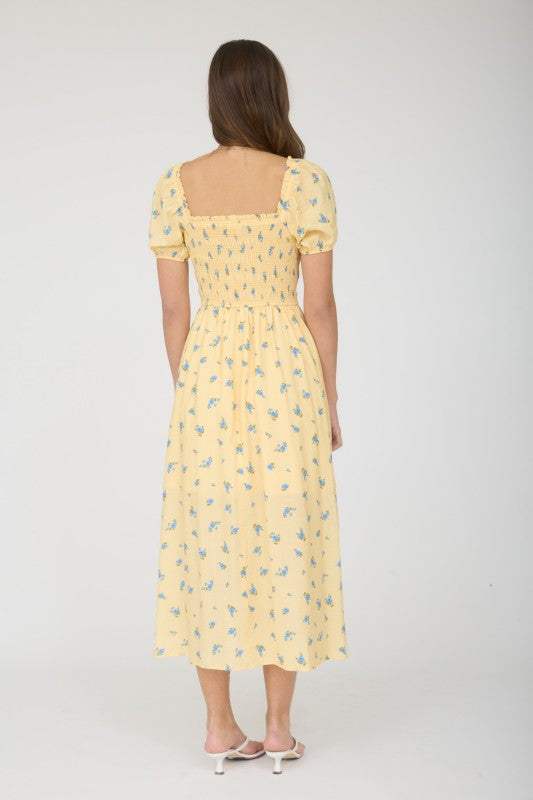 Smocked Puff Sleeve Floral Midi Dress