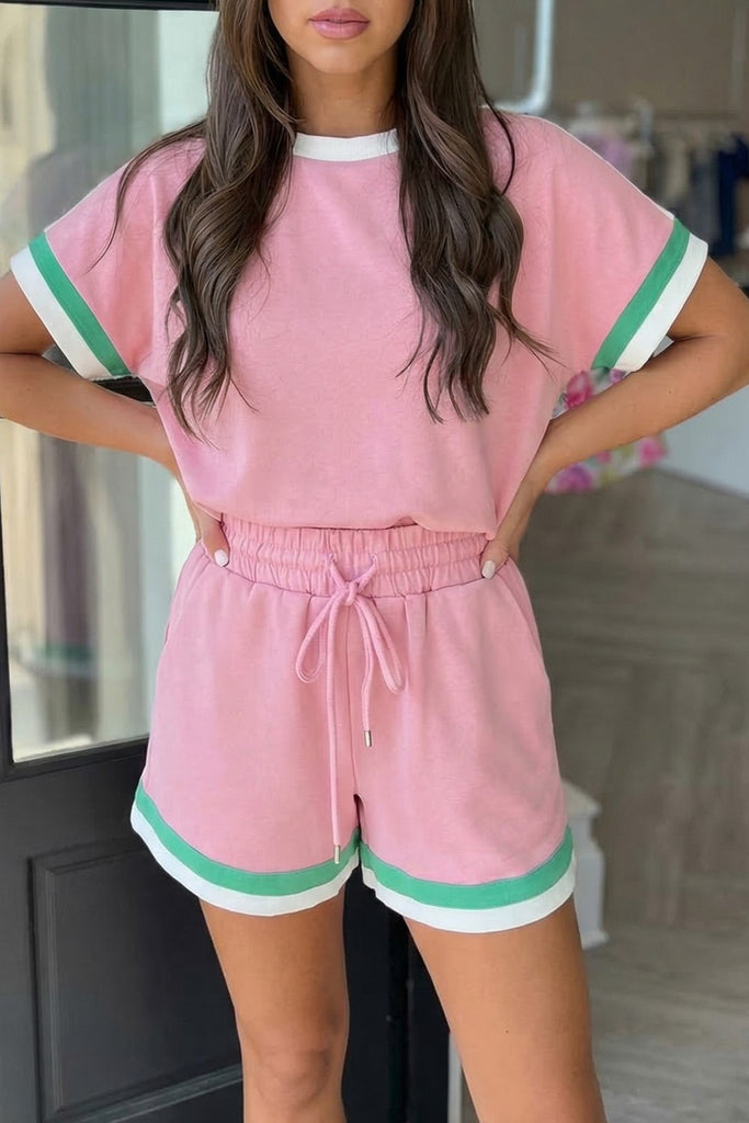 Striped Trim Casual Tee Drawstring Shorts 2pcs Set