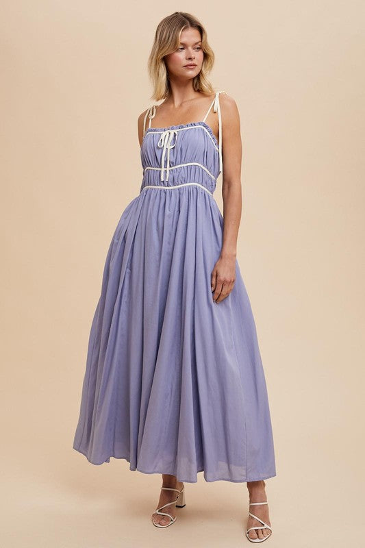 Cotton Blend Contrast Trim Maxi Dress