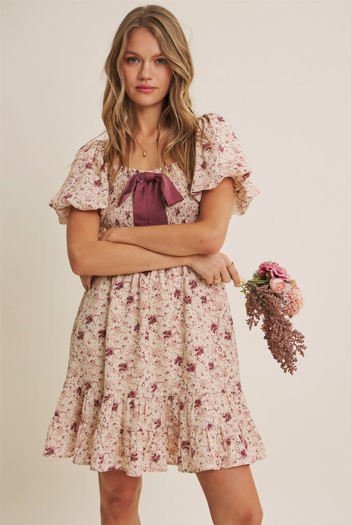 Autumn Garden Bow Smocked Mini Dress With Bubble Slvs