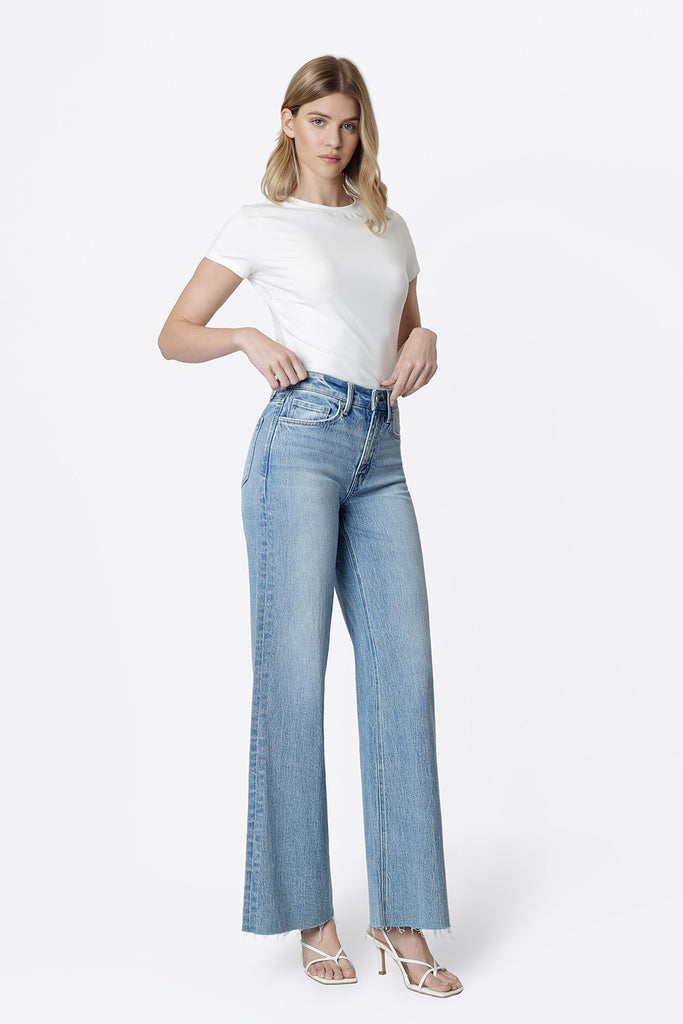 High Rise Clean Cut Raw Hem Wide Jeans